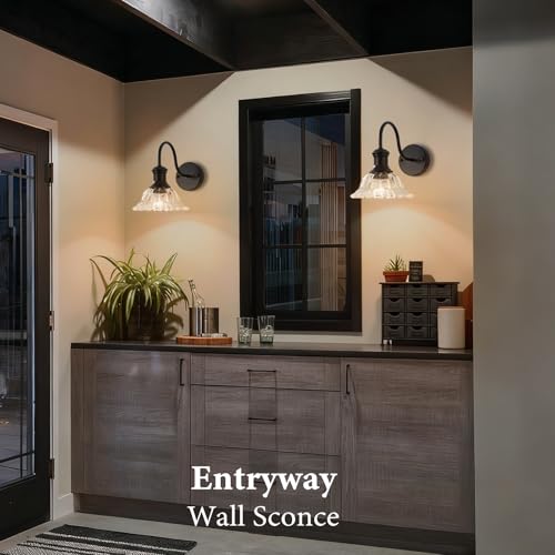 Image of Bathroom Vanity Lights 2 Pack, Black Wall Sconce with Pressed Patterned Glass Lampshade, Farmhouse Wall Light Fixtures for Bathroom, Bedroom, Living Room, Entryway