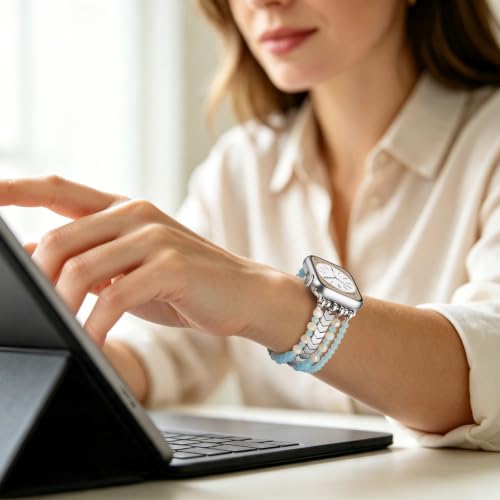Image of MOFREE Beaded Apple Watch Band for Women 42 /44 /45 /46 /49mm Elastic Strap | Handmade No-Clasp Stretch Bracelet for Apple Watch Series 1-11 /SE3, Shiny Crystal iWatch Band, Hypoallergenic, Light Blue