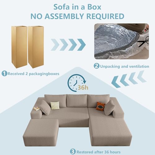 Image of 96 inch W Cloud Sectional Couch with Ottoman,Modern U-Shaped Cloud Couch with Deep Seat,Comfy Corduroy Sofa,Memory Foam Sofa for Living Room,No Assembly (Camel,Right-Facing Chaise)