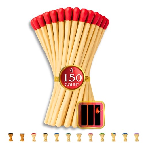 150 Count | 4" RED Matches | Strikers Included | Color Tip Wooden Match | Refill for Matchstick Jars, Candle Display, Holders & Bottles | 4 in inches Long