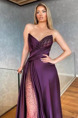 Women's Satin Prom Dresses Long Split A-Line Sleeveless Beaded Sexy Floor Length Formal Evening Party Gowns4