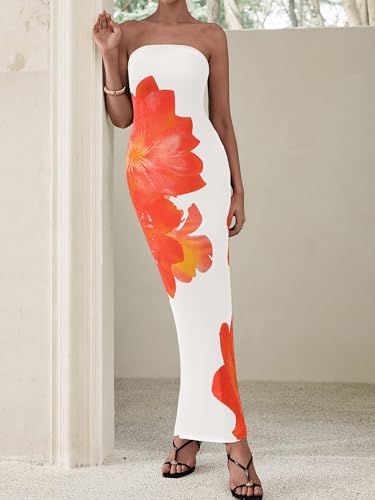 Image of PRETTYGARDEN Women Summer Strapless Maxi Dress Bodycon Floral Sexy Long Wedding Guest Dress Formal Tube Mesh Cocktail Dresses