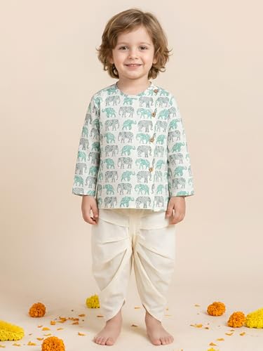 Image of POLKA TOTS Premium Cotton Dhoti Kurta Set for Kids Boys | Traditional Angrakha Style Ethnic Wear for Boys | Kurta Dhoti Set for Kids | Festive & Wedding Clothing Set for Baby