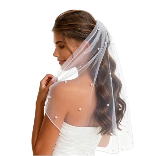 Nanchor Bridal Veil Womens Simple Tulle Wedding Veil With Comb for Wedding Bachelorette Party (White with Pearl)