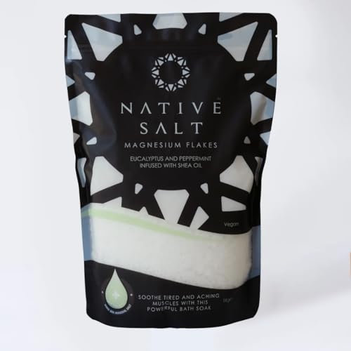 Copos de baño de magnesio y sal nativa, eucalipto y menta, impregnados con aceite de karité, fuente natural de magnesio, copos de baño minerales, recuperación de magnesio, vegano y sin aceite de palma