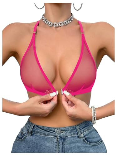 Image of SOLY HUX Women's Sheer Mesh Through Bra Sheer Bralette Front Closure Deep V Neck Wireless Lingerie Sexy Lingerie Bra