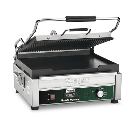 Image of Waring Panini Press with Timer, 14.5 inch x 11 inch Cooking Surface | Ribbed & Flat Cast Iron Plates, 14.5 inch x 11 inch Cooking Surface, 570F Adjustable Thermostat, for Sandwiches up to 3 inch Thick, 120V