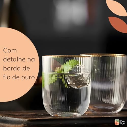 Jogo de Copos Vidro para Água Transparentes 260ml 6pçs fios de Ouro