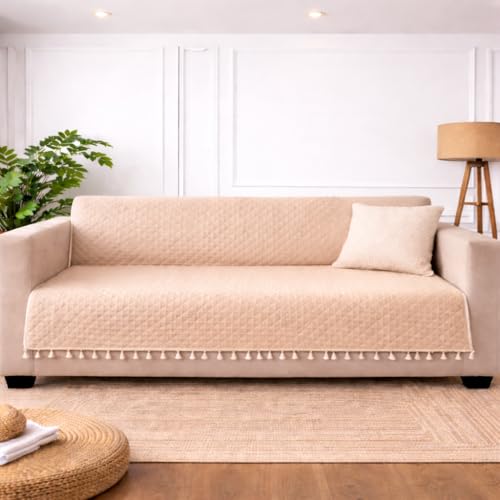 Image of DecorTwist Premium Reversible Quilted Velvet Sofa Cover for 2 & 3 Seater | Luxury Sofa Protector with Tassels | Soft, Durable & Pet Friendly | Grey /Beige & Beige (Grey /Beige (Reversible), 3 Seater)