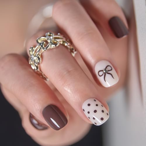 Image of CurvLife Extra Short Square Fall Press On Nails, Cocoa Bow Brown, Soft Gel