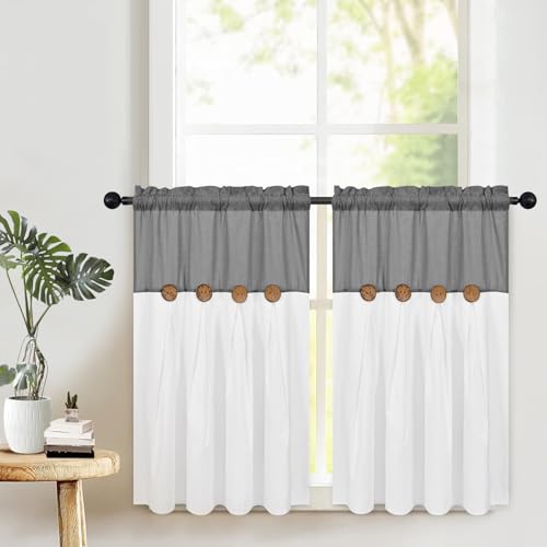 Image of Boho Kitchen Curtains 36 Inch Length, Farmhouse Cotton Linen Tier Curtains, Rustic Button Short Curtains for Windows, Grey Country Cafe Curtains, Rod Pocket Small Window Curtains for Kitchen, 26x36