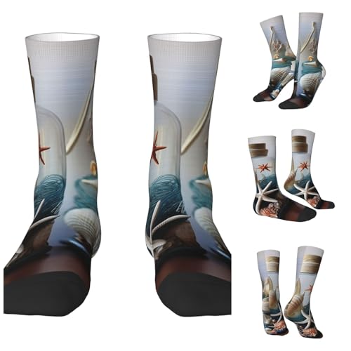 LZQPOEAS Bottle Seashell Starfish Lighthouse Athletic Socks Unisex Cushioned Crew Socks Hiking Running Calf Sock Soft Above Ankle Sock