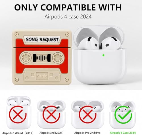 Image of Emoh Roced Case for AirPodS 4 (2024) with Keychain (ANC), Cute Cartoon Shockproof Protective Cover Compatible with Apple AirPods 4th Generation 2024 for Women and Boys (Casette Ivory)