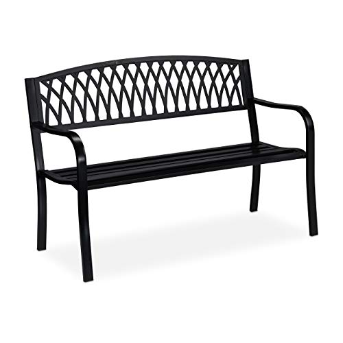 Relaxdays Gartenbank, Zweisitzer, stabil, rustikales Design, bequem, Metall Sitzbank, HBT: 87 x 127 x 60 cm, schwarz