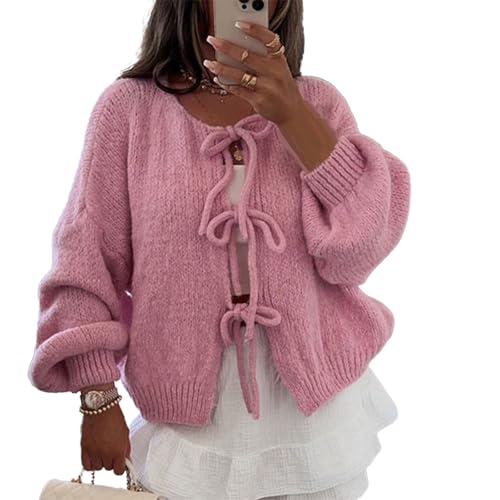 Image of Women Knitted Tie Front Cardigan Tops Casual Knitwear Top Long Sleeve Open Front Baggy Sweater Y2k Girls Outwear