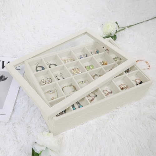 Image of Wudygirl Set of 4 Stackable Jewelry Organizer Drawer Insert Velvet Jewelry Tray with Clear Lid Earring Organizer Bracelet Necklace Ring Holder for Women Girls(Set of 4,Beige)