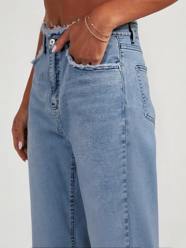 Women's Wide Leg Jeans Stretchy High Waisted Baggy Jeans for Woman 2025 Trendy Frayed Raw Hem Denim Pants4