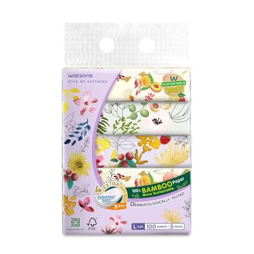 WATSONS 100% Bamboo Velvet Facial Travel Tissue L Sheet (200mm x 195mm) 3 Ply 100s x 5