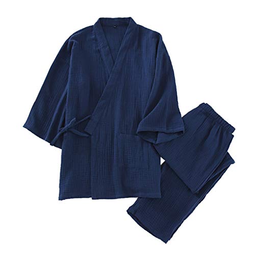 Shanghai Story Japanese Style Two-Piece Suit Cotton Bathrobe Pajamas Kimono Bathrobes Sleepwear for Men Navy Blue Size M