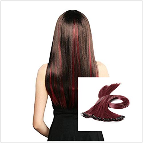 10pcs Colored Highlight Synthetic Clip in Hair Extensions 20-22" Straight Fashion Hairpieces for Party Highlights Multi-Color (Wine Red)