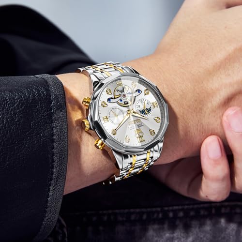 Image of OLEVS Automatic Men Watch Self Winding Mechanical Moon Phase Business Luxury Diamond Dress Stainless Steel Waterproof Luminous Mens Wrist Watch