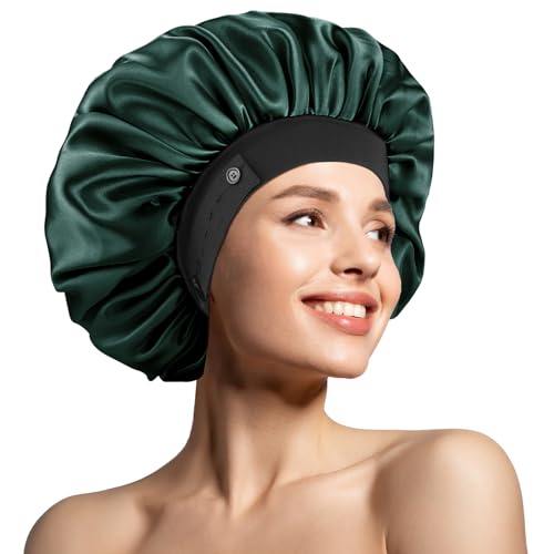 Satin Bonnets for Women, Silk Hair Bonnet for Sleeping with Adjustable & Soft Elastic Band, Silk Sleep Bonnet Hair Wrap for Curly Hair Braids Stay on All Night (Green)