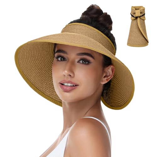 Sun Hats Visor for Women, UV UPF Straw Beach Hat Foldable Wide Brim Ponytail Summer Hats Packable Travel Khaki