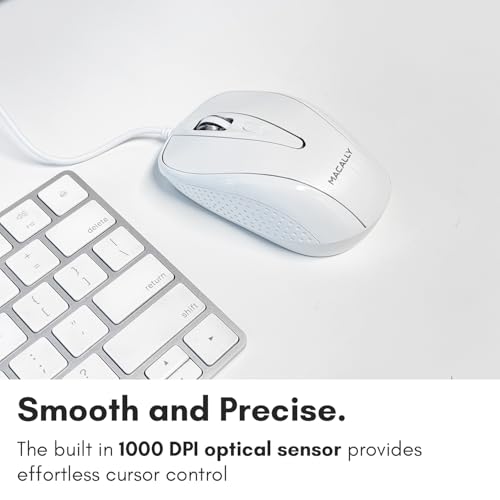 Macally USB Wired Mouse with 3 Button, Scroll Wheel, & 5 Foot Long Cord, USB Mouse for Laptop and Desktop, Computer Mouse Wired Compatible with Apple Macbook, iMac, Mac Mini, Windows PC, & Chromebook