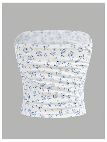 Girl's Ditsy Floral Strapless Tube Top Cute Sleeveless Ruched Ribbed Bandeau Tops2