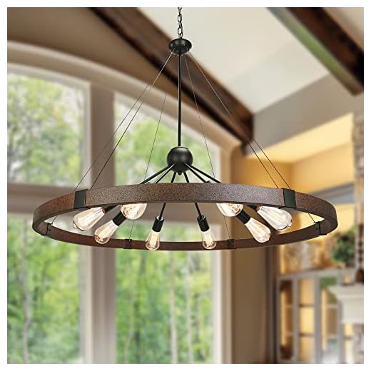 Klgxnrd 38.2'' Large Farmhouse Wagon Wheel Chandelier for Living Room, 8-Light Rustic Round Metal Light Fixtures for Dining Room Entryway Kitchen Island, Vintage Rust and Black Finishes