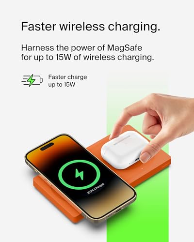 Image of Belkin 2-in-1 Wireless Charging Pad with MagSafe 15W, Fast Charging iPhone Charger - Wireless Charging Station for iPhone 17, 16, 15, and 14 Series, AirPods, and Other MagSafe Enabled Devices - Orange | Fast Wireless Charging Up to 15W for Iphone 12 and Later Models. Additional 5W Qi Pad for Airpods or Other Devices. Compact