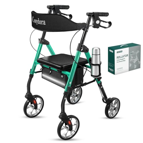 Cosydora Rollator Walkers for Seniors with Seat, 15 Lbs Ultra Lightweight Foldable Rolling Walker, 350Lbs Heavy Duty Aluminum, 8' All Terrain Wheels, Dual Adjustable Height, Shimmer Green