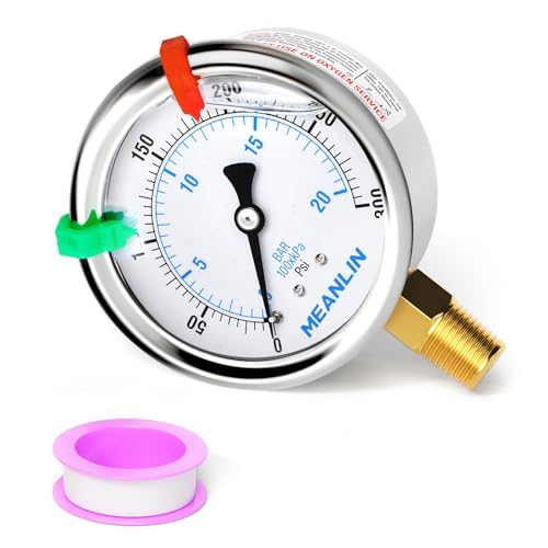 Image of MEANLIN MEASURE 0~300Psi Liquid Filled Pressure Gauge 1 /4 inch NPT 2.5 inch FACE DIAL Stainless Steel Glycerin Filled WOG Water Oil Air Lower Mount (with 2PCS Snaps)