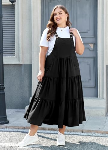 Moon Wood Plus Size Overall Dress for Women Jumper Dress with Pockets Summer Casual Suspender Straps Tiered Maxi Dress3