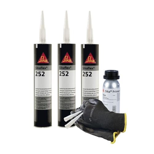 Sikaflex 252 weiß 3x 300ml Klebstoff mit Primer 207 - für die Verklebung von Stahl und Aluminium mit 5 Düsenspitzen