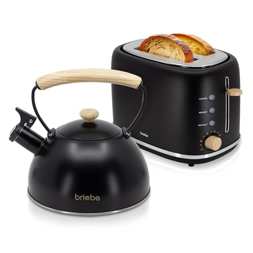 briebe Nordic Set Tostadora Pan Ranura Ancha 2 Rebanadas, 6 Niveles Tostado + Tetera Silbante 2,3 L Infusiones, Acero Inoxidable, Inducción, Libre BPA, Pack Desayuno Diseño Nórdico Negro