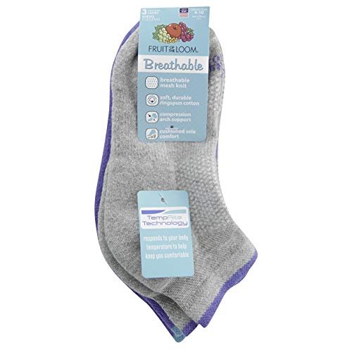 Fruit of the Loom Womens 3 Pair Breathable Cotton Ankle Socks, Womens Size 4-102