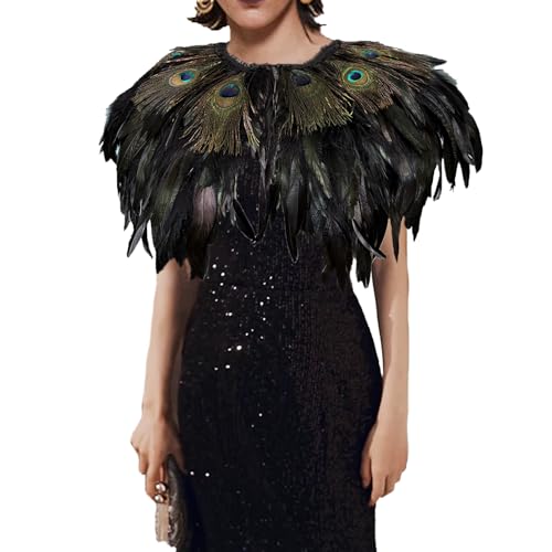 Yoodeet Handgemachte Feder Schal Pfau Feder Cape Kragen, schwarze Federn mit irisierenden Augen, Gothic Kostüm Zubehör Vielseitige Kopfstück Braut Zubehör Theaterkostüm