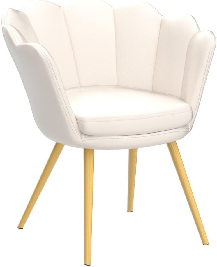 chairus Cream White Makeup Vanity Chair with Back, Small Modern Velvet Upholstered Accent Chair with Gold Metal Legs, Cute Shell Shaped Vanity Stool Desk Chair for Living Room Bedroom Dressing Room