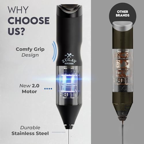 Image of Zulay Kitchen Powerful Frother Wand AA Batteries Included, Ultra Fast Handheld Drink Mixer, Comfort Milk Frother, Stainless Steel Whisker, Frother Handheld for Coffee, Protein & Matcha - Frothmate 2.0