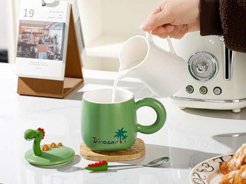 Image of Coffee Mug, Gift for Woman, Birthday Present for Girlfriend, Present for Wife Birthday, Mugs for Present, Holi Gifts, Panda Mug with Lid & Spoon (Dinosaur Green)