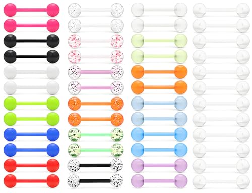 Prjndjw 48Pcs 14mm 14G Glow in Dark Flexible Plastic Acrylic Straight Tongue Nipple Ring Retainer Body Piercing Jewelry for Women Men 14mm Bar 14 Gauge Barbell Nipple Piercings