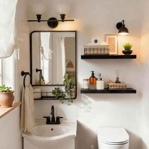 Image of IAE Floating Wall Shelves 16 inch,Bathroom Shelving Wall Mounted,Invisible Shelf Floating Kitchen Shelves,Wooden wall Shelf with Brackets for Living Room wall Mounted,Easy Install,Set of 2,Black