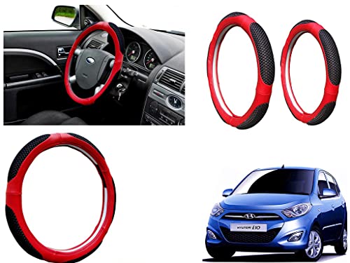 Image of Microfiber Car Steering Wheel Cover, Soft Padding Great Hand Feel, Anti-Slip, Faux Leather Steering Cover for Hyundai I10 Type2 | Black Red Jali - Pack of 1