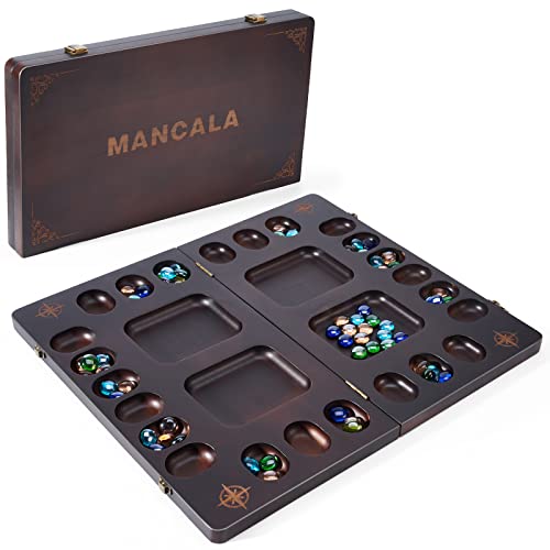 VAMSLOVE Mancala 4 Player Board Game Set, Luxury Solid Wood Folding Mancala Board, 96+12 Bonus Multi...