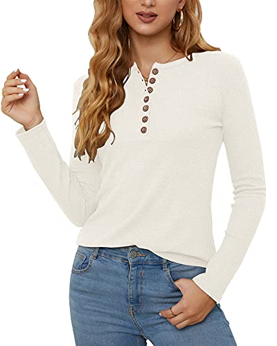 Wneedu Women'S Waffle Knit Tops Casual Long Sleeve Blouses Slim Fit Button Down V Neck Henley Shirt thumb #3