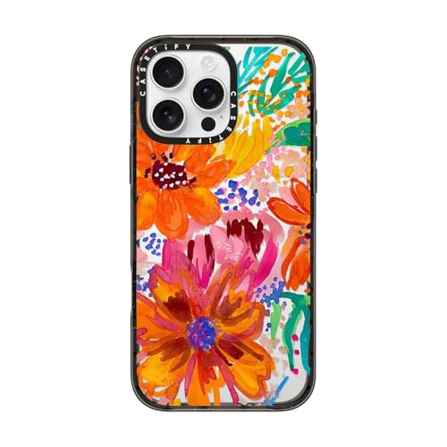 CASETiFY Impact Case for iPhone 16 Pro Max [Slim / 8.2 ft. 4X Military Grade Drop Protection/Wireless Charging Compatible] - EttaVee Watercolor Fleurs - Clear Black
