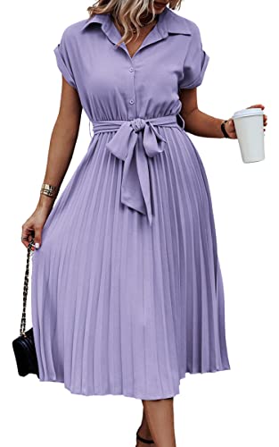 Image of ECOWISH Womens Casual Midi Dresses Solid V Neck Short Sleeve Button Shirt Belted Dress with Pockets for Spring Summer 2026