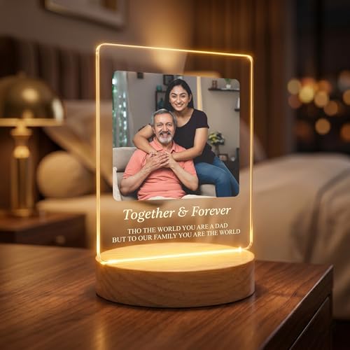 Image of Giftplease Fathers Day Personalized Rectangle Acrylic LED Frame - Custom Single Square Photo Wood Stand Tabletop Showcase with Inspiring Quote For Grandpa Birthday, Dad, Stepdad, Birthday