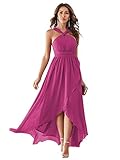 YMSHA Women's High Low Halter Bridesmaid Dresses with PocketsAline Ruffle Bohemian Formal Dresses for Women Fuchsia 18 Plus Size